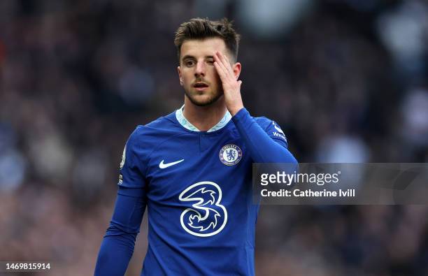 Mason Mount of Chelsea reacts during the Premier League match between Tottenham Hotspur and Chelsea FC at Tottenham Hotspur Stadium on February 26,...
