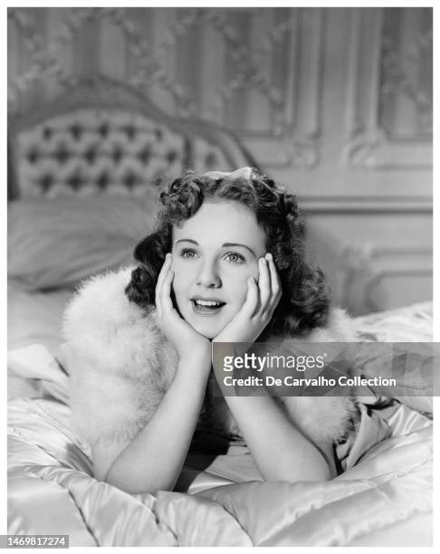 Publicity portrait of Canadian actor and singer Deanna Durbin in the film 'Three Smart Girls Grow Up' United States.