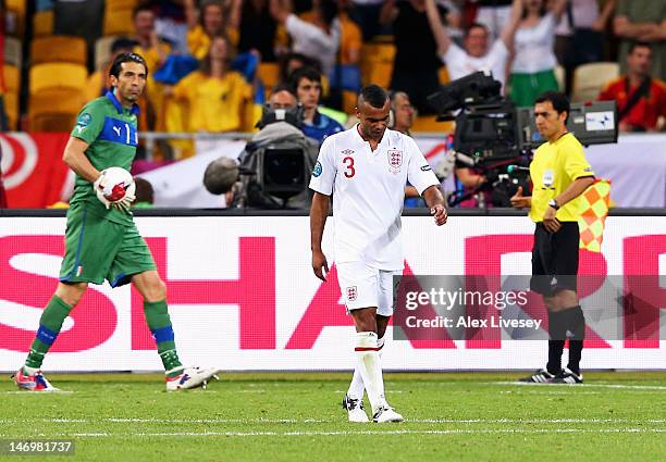 Ashley Cole of England looks dejected after his penalty was saved during the UEFA EURO 2012 quarter final match between England and Italy at The...