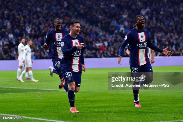 Leo Messi of Paris Saint-Germain reacts after scoring during the Ligue 1 match between Olympique Marseille and Paris Saint-Germain at Orange...