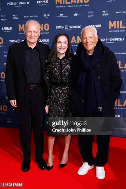 Santo Domenico Versace, Francesca De Stefano Versace and Giorgio Armani attend the red carpet premiere of the movie "Milano: The Inside Story Of...