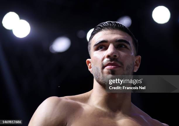Tommy Fury looks on as they enter the arena during their ring walk prior to the Cruiserweight Title fight between Jake Paul and Tommy Fury at the...