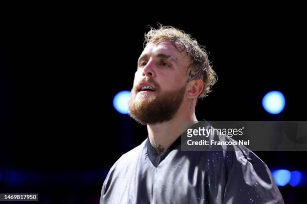 Jake Paul looks on as they enter the arena during their ring walk prior to the Cruiserweight Title fight between Jake Paul and Tommy Fury at the...