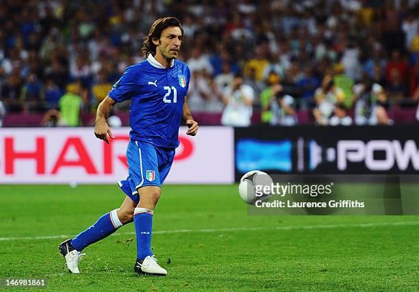 Andrea Pirlo of Italy chips the ball in the penalty shootout during the UEFA EURO 2012 quarter final match between England and Italy at The Olympic...