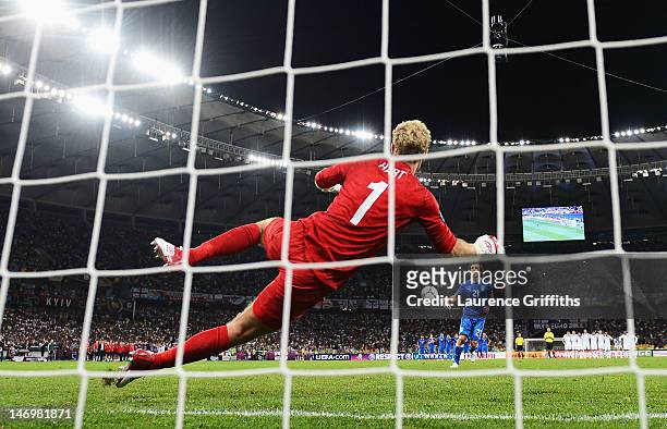 Andrea Pirlo of Italy scores past Joe Hart of England during the penalty shoot out during the UEFA EURO 2012 quarter final match between England and...