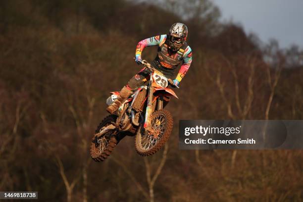 Henry Jacobi of Sarholz KTM in action during the Hawkstone International MX race at Hawkstone Park on February 26, 2023 in Shrewsbury, England.