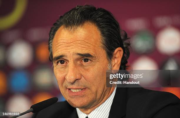 In this handout image provided by UEFA, Coach Cesare Prandelli of Italy talks to the media after the UEFA EURO 2012 Quarter Final match between...