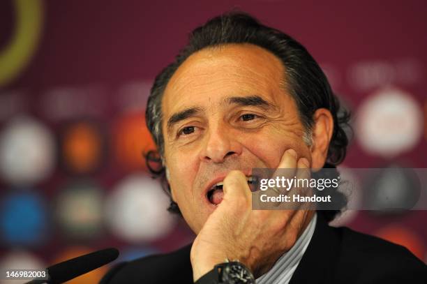 In this handout image provided by UEFA, Coach Cesare Prandelli of Italy talks to the media after the UEFA EURO 2012 Quarter Final match between...