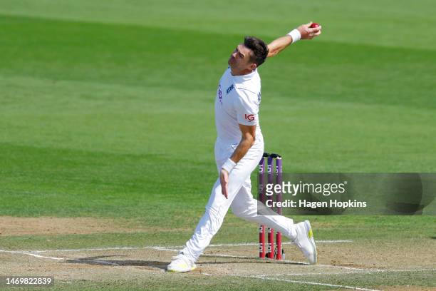 James Anderson of England bowls during day four of the Second Test Match between New Zealand and England at Basin Reserve on February 27, 2023 in...