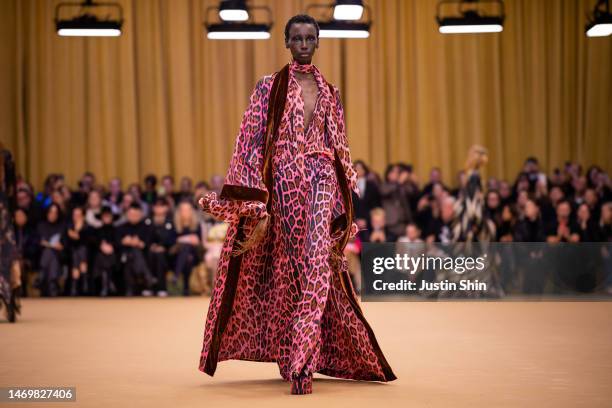 Model walks the runway at the Roberto Cavalli fashion show during the Milan Fashion Week Womenswear Fall/Winter 2023/2024 on February 22, 2023 in...