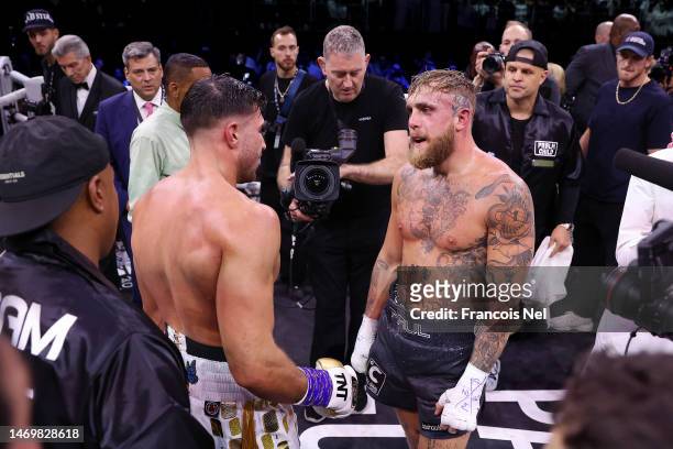 Tommy Fury speaks with Jake Paul, after Tommy Fury defeats Jake Paul during the Cruiserweight Title fight between Jake Paul and Tommy Fury at the...