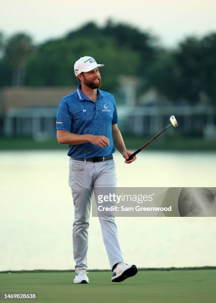Chris Kirk of the United States reacts on the 18th hole after winning the The Honda Classic at PGA National Resort And Spa on February 26, 2023 in...