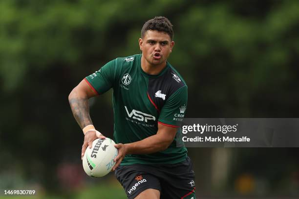 Latrell Mitchell runs with the ball during a South Sydney Rabbitohs NRL training session at Redfern Oval on February 27, 2023 in Sydney, Australia.