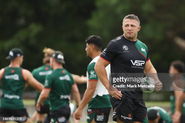 Sam Burgess of the Rabbitohs coaching staff watches on during a South Sydney Rabbitohs NRL training session at Redfern Oval on February 27, 2023 in...