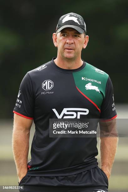 Rabbitohs head coach Jason Demetriou looks on during a South Sydney Rabbitohs NRL training session at Redfern Oval on February 27, 2023 in Sydney,...