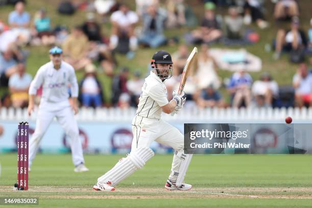 Kane Williamson of New Zealand bats during day four of the Second Test Match between New Zealand and England at Basin Reserve on February 27, 2023 in...