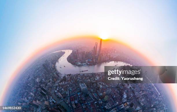 360 degree panorama view of shanghai city in the morning - fisheye stock pictures, royalty-free photos & images