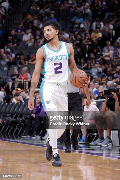 James Bouknight of the Charlotte Hornets dribbles the ball during the 2023 NBA California Classic against the San Antonio Spurs on July 3, 2023 at...
