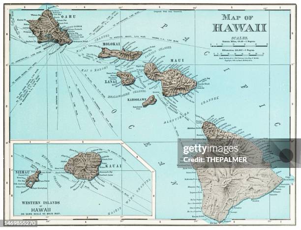 stockillustraties, clipart, cartoons en iconen met map of hawaii islands 1899 - grote oceaan