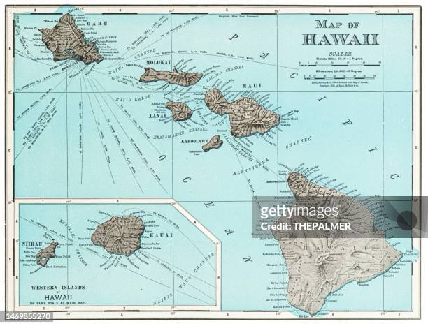 map of hawaii islands 1899 - kauai stock illustrations