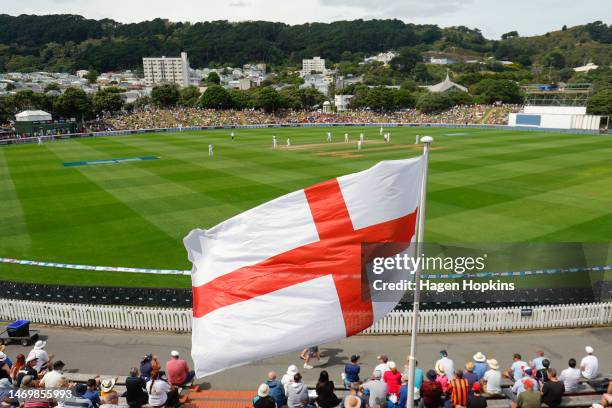 The English flag flies during day four of the Second Test Match between New Zealand and England at Basin Reserve on February 27, 2023 in Wellington,...