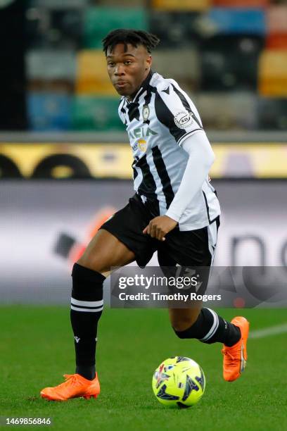 Destiny Udogie of Udinese during the Serie A match between Udinese Calcio and Spezia Calcio at the Dacia Arena on February 26, 2023 in Udine, Italy.