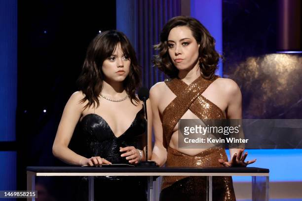 Jenna Ortega and Aubrey Plaza speak onstage during the 29th Annual Screen Actors Guild Awards at Fairmont Century Plaza on February 26, 2023 in Los...