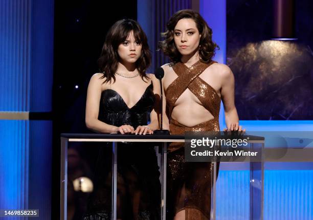 Jenna Ortega and Aubrey Plaza speak onstage during the 29th Annual Screen Actors Guild Awards at Fairmont Century Plaza on February 26, 2023 in Los...