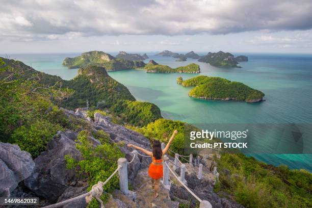 a woman walking on a staircase with mountain views and the emerald sea below and the weather was thick with clouds like it was going to rain - ko samui stock-fotos und bilder