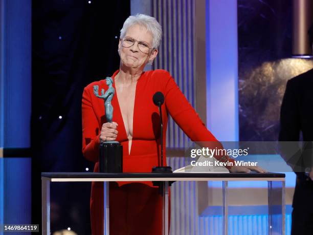 Jamie Lee Curtis accepts the Outstanding Performance by a Female Actor in a Supporting Role award for “Everything Everywhere All at Once” onstage...