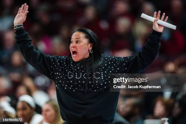 Head coach Dawn Staley of the South Carolina Gamecocks reacts during their game against the Georgia Lady Bulldogs at Colonial Life Arena on February...