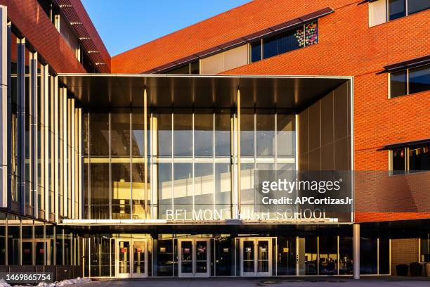 high school building - belmont massachusetts - belmont high school stock pictures, royalty-free photos & images