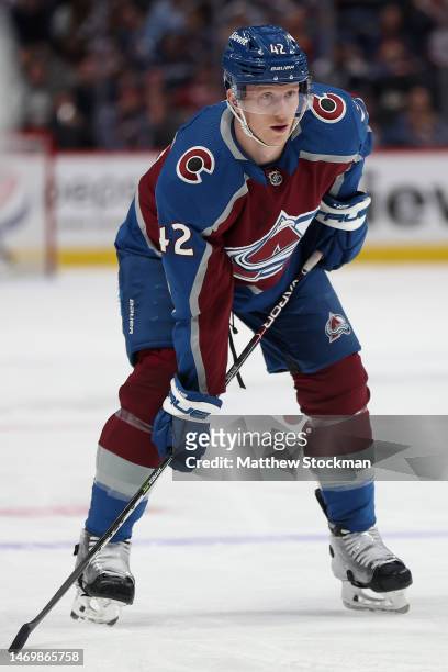Josh Manson # of the Colorado Avalanche plays the Calgary Flames in the second period at Ball Arena on February 25, 2023 in Denver, Colorado.