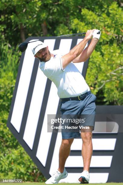 Dustin Johnson of 4Aces GC plays his shot from the third tee during day three of the LIV Golf Invitational - Mayakoba at El Camaleon at Mayakoba on...