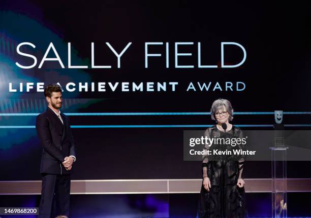 Andrew Garfield presents the SAG Life Achievement Award to honoree Sally Field onstage during the 29th Annual Screen Actors Guild Awards at Fairmont...