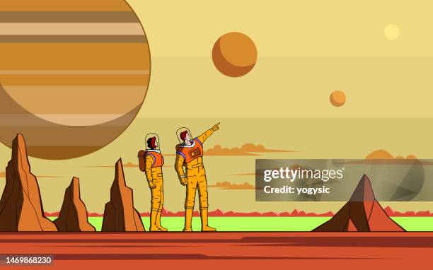vector retro astronaut couple exploring a new planet cartoon stock illustration - retro futurism space stock illustrations