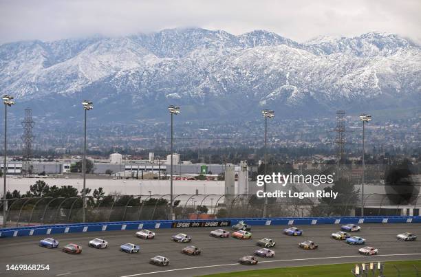 General view of racing during the NASCAR Cup Series Pala Casino 400 at Auto Club Speedway on February 26, 2023 in Fontana, California.