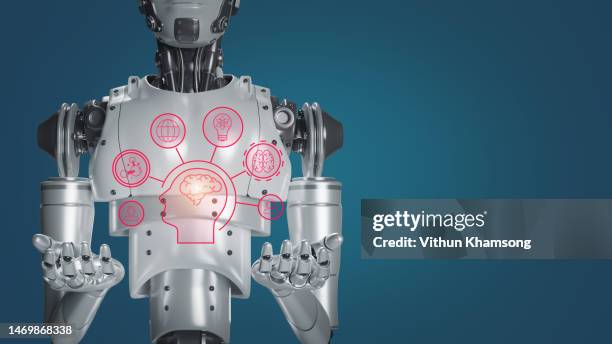 artificial intelligence robot analyzing for human brain and think - oncology abstract stock pictures, royalty-free photos & images