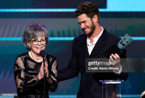 Honoree Sally Field accepts the SAG Life Achievement Award from Andrew Garfield onstage during the 29th Annual Screen Actors Guild Awards at Fairmont...