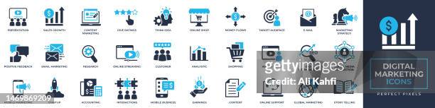 stockillustraties, clipart, cartoons en iconen met digital marketing icons set. containing accounting, analystic, customer, feedback, business, content and more solid icons collection. vector illustration. for website design, logo, app, template, ui, etc. - e commerce