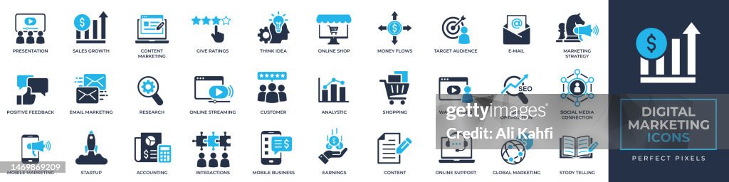 Digital marketing icons set. Containing accounting, analystic, customer, feedback, business, content and more solid icons collection. Vector illustration. For website design, logo, app, template, ui, etc.