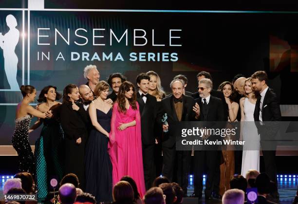 Cast members of "The White Lotus" accept the Outstanding Performance by an Ensemble in a Drama Series award onstage during the 29th Annual Screen...