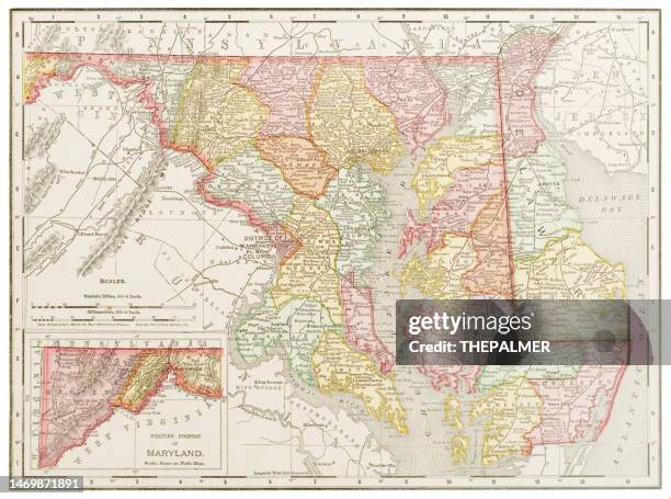 illustrations, cliparts, dessins animés et icônes de carte des états du delaware et du maryland, états-unis 1899 - maryland