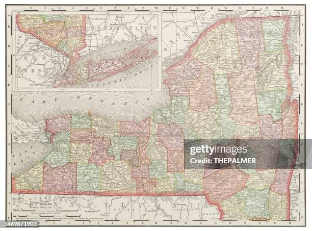 ilustrações de stock, clip art, desenhos animados e ícones de map of the state of new york, usa 1899 - lake ontario