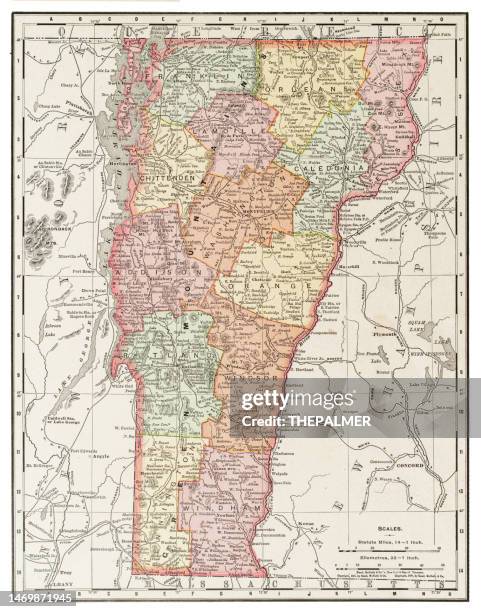 map of the state of vermont, usa 1899 - cleveland ohio map stock illustrations