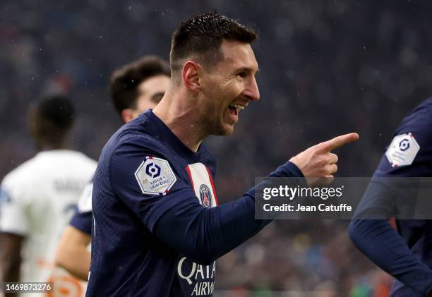 Lionel Messi of PSG celebrates his goal during the Ligue 1 match between Olympique de Marseille and Paris Saint-Germain at Stade Velodrome on...