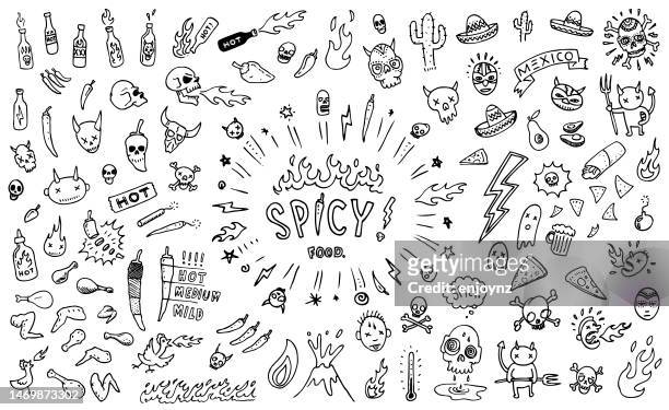 stockillustraties, clipart, cartoons en iconen met spicy mexican food doodle drawings - horror