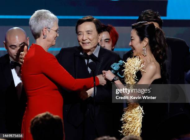 Jamie Lee Curtis, James Hong, Andy Le, and Michelle Yeoh accept the Outstanding Performance by a Cast in a Motion Picture award for "Everything...