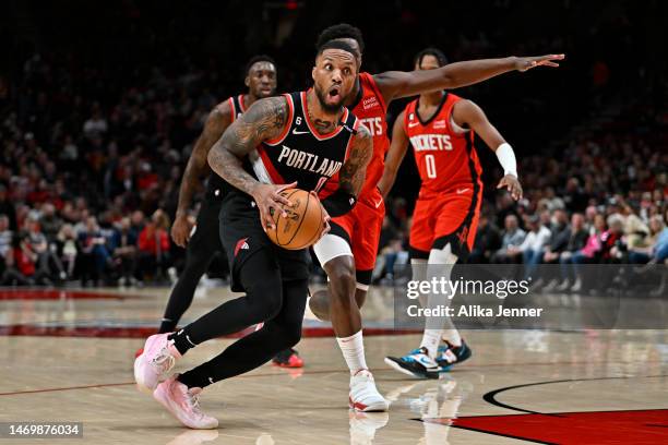 Damian Lillard of the Portland Trail Blazers reacts during the second quarter against the Houston Rockets at the Moda Center on February 26, 2023 in...