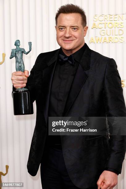 Brendan Fraser, recipient of the Male Actor in a Leading Role award for "The Whale," poses in the press room during the 29th Annual Screen Actors...